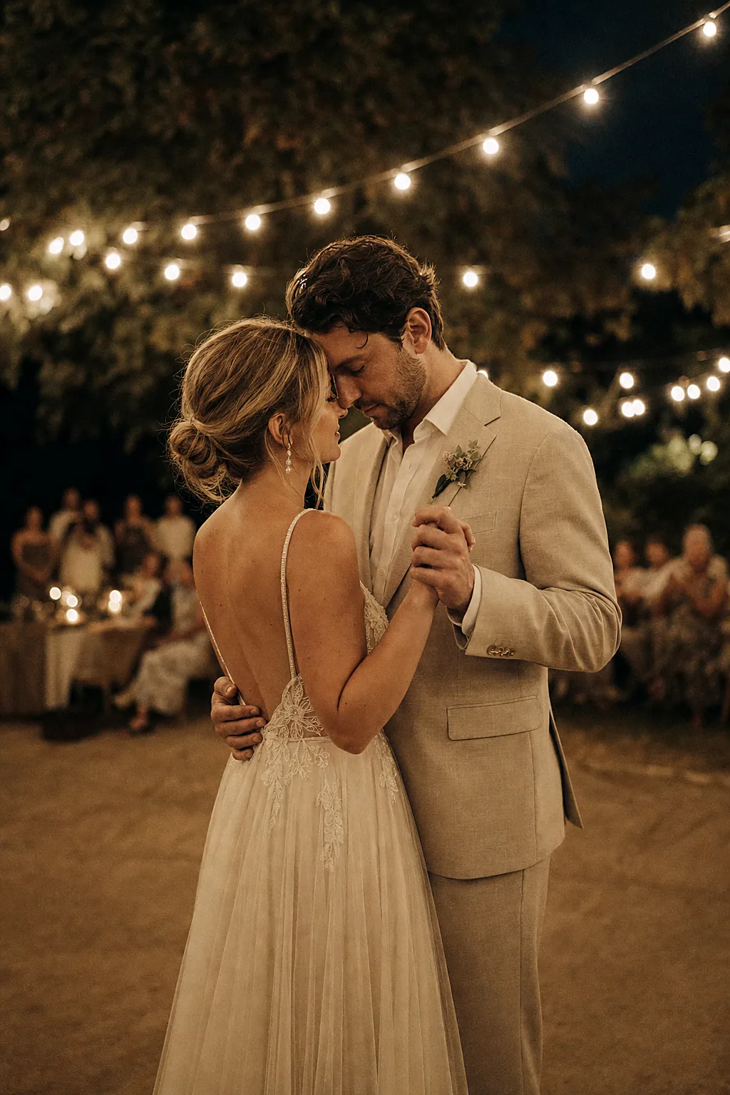 A first dance under warm string lights
