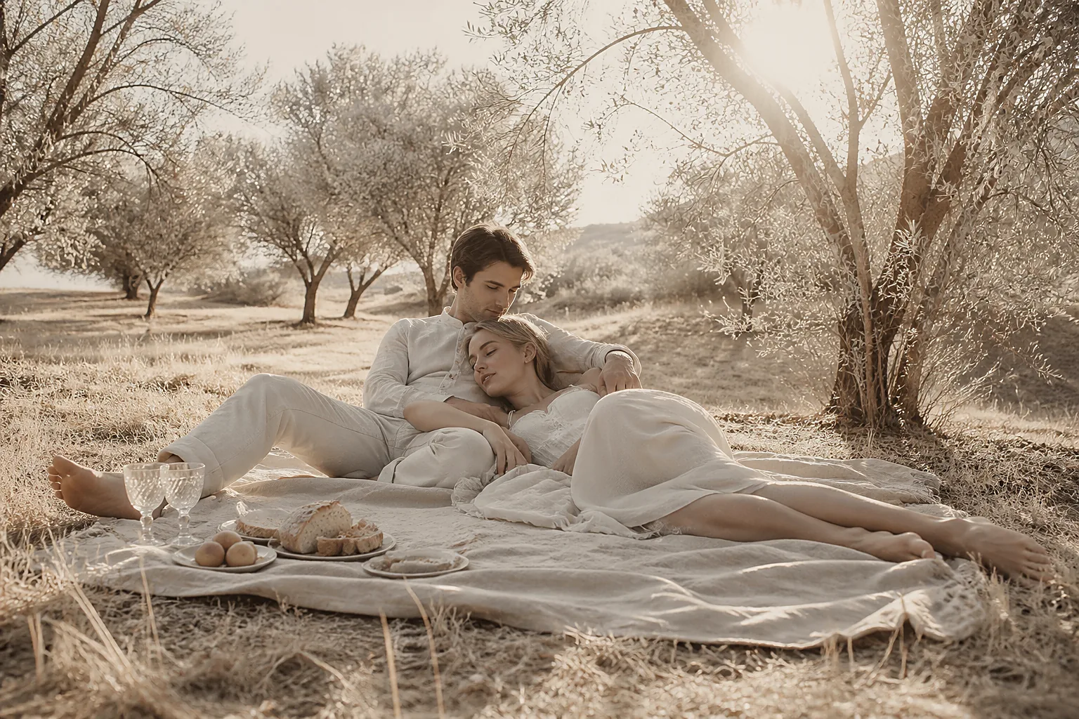 An engaged couple lying on a linen blanket in a sun-bleached summer orchard