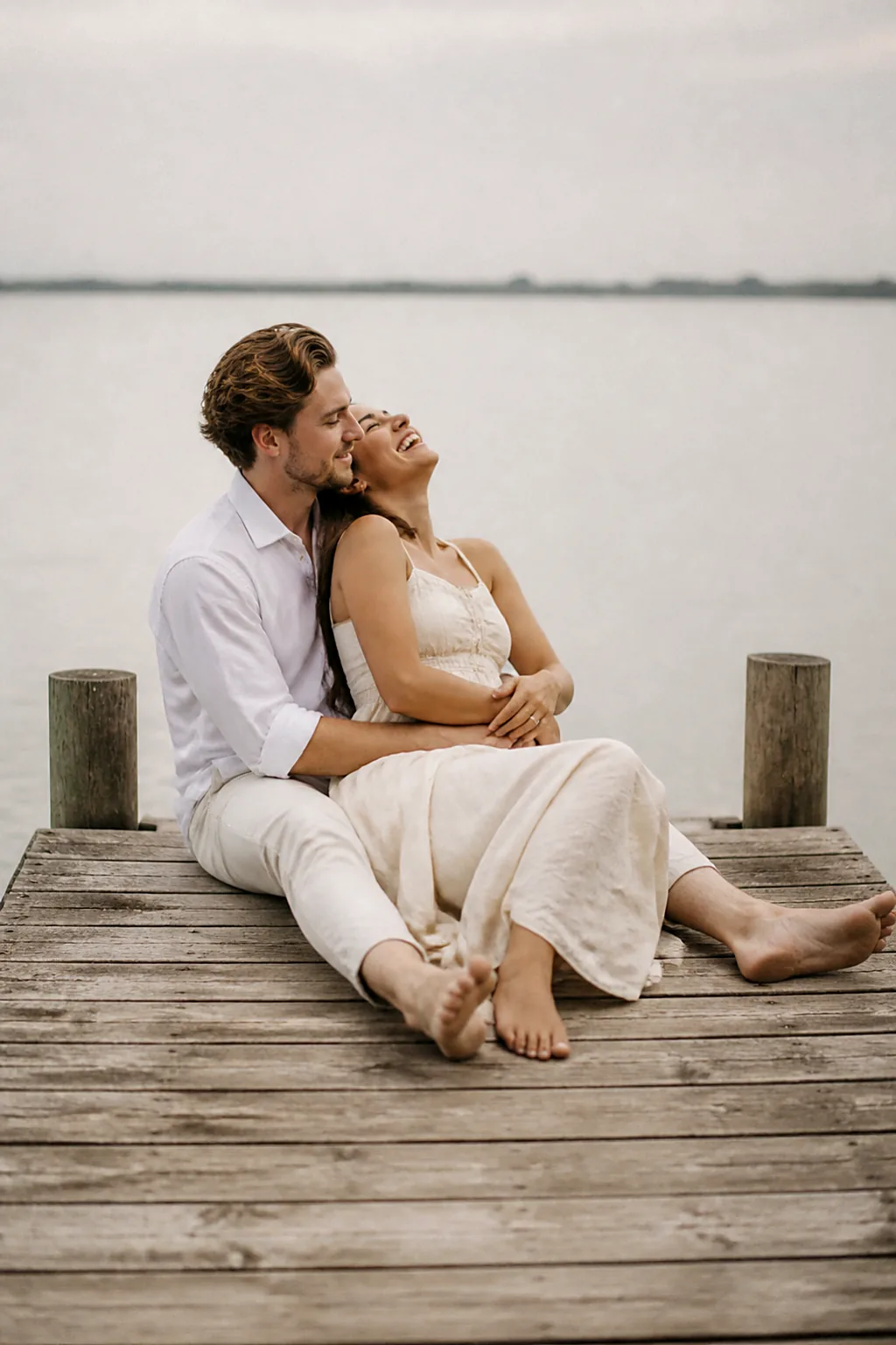 An engaged couple sitting barefoot at the end of a weathered wooden jetty