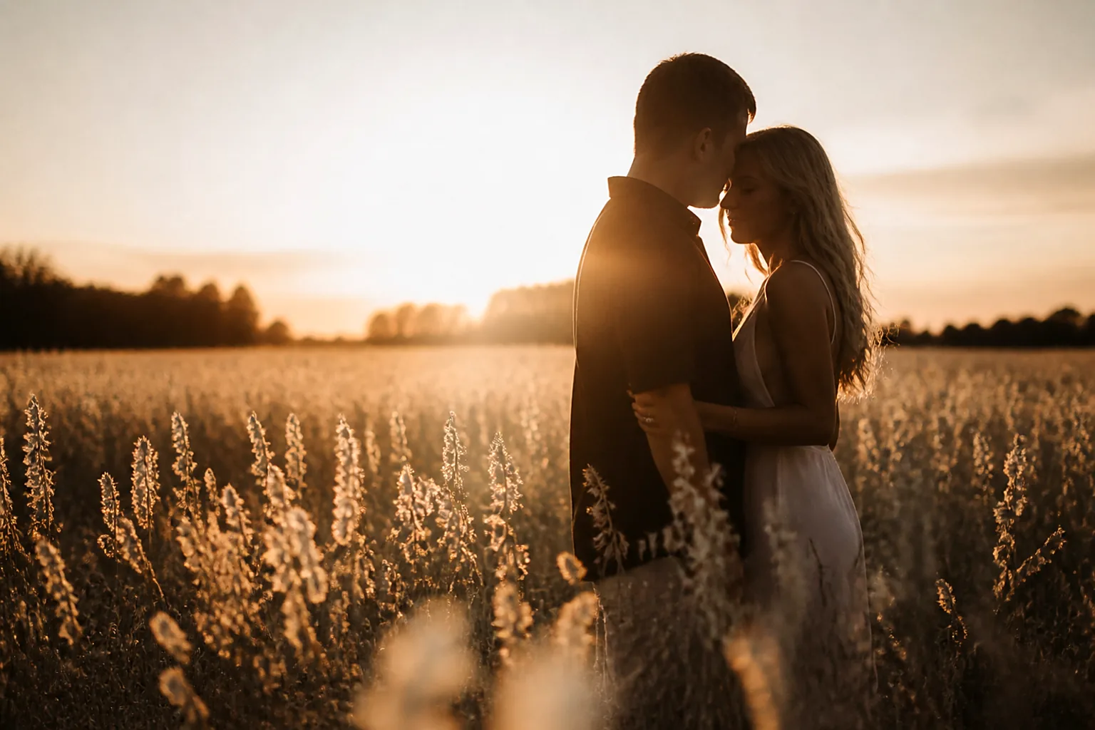 An engaged couple silhouetted against a wide field of pale wheat at sunset