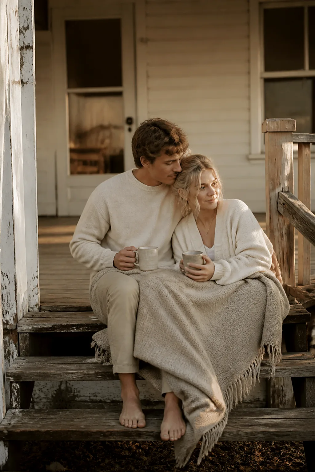 An engaged couple sitting on the wooden steps of an old porch at dusk
